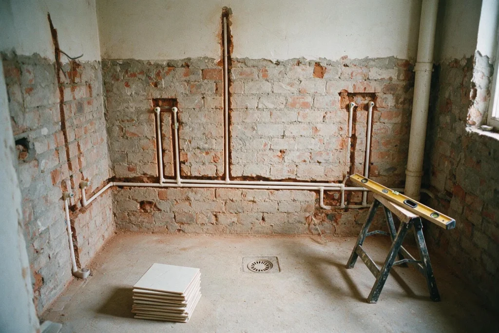 Un bagno in cantiere con le pareti scrostate fino al mattone, tubazioni a vista, uno scarico a pavimento e piastrelle impilate