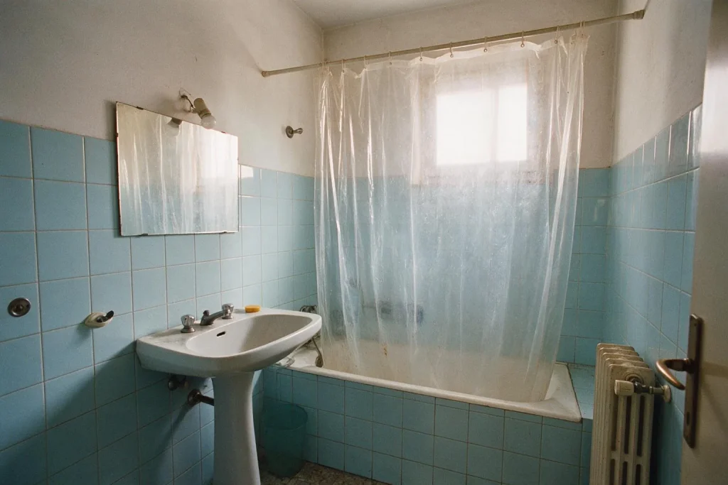 Un bagno datato con piastrelle azzurre, lavabo a colonna e vasca con tenda di plastica trasparente
