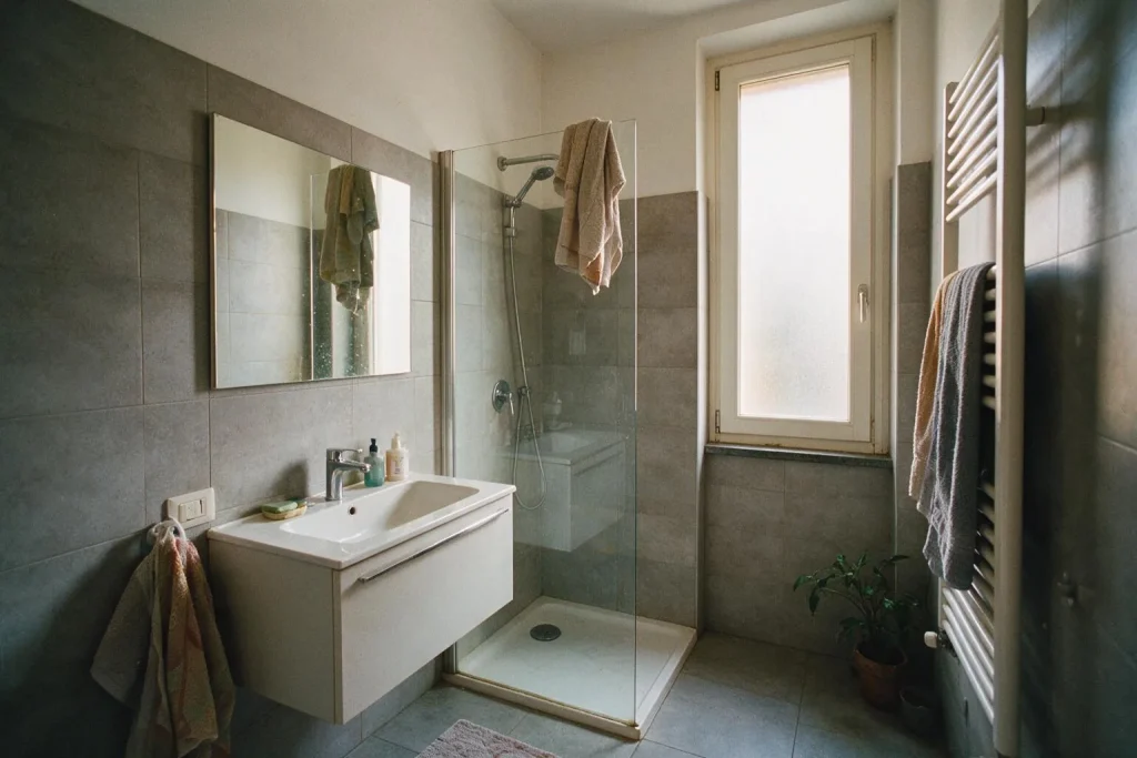 Un bagno finito con doccia a vetro, mobile sospeso bianco, specchio e termoarredo, con asciugamani appesi