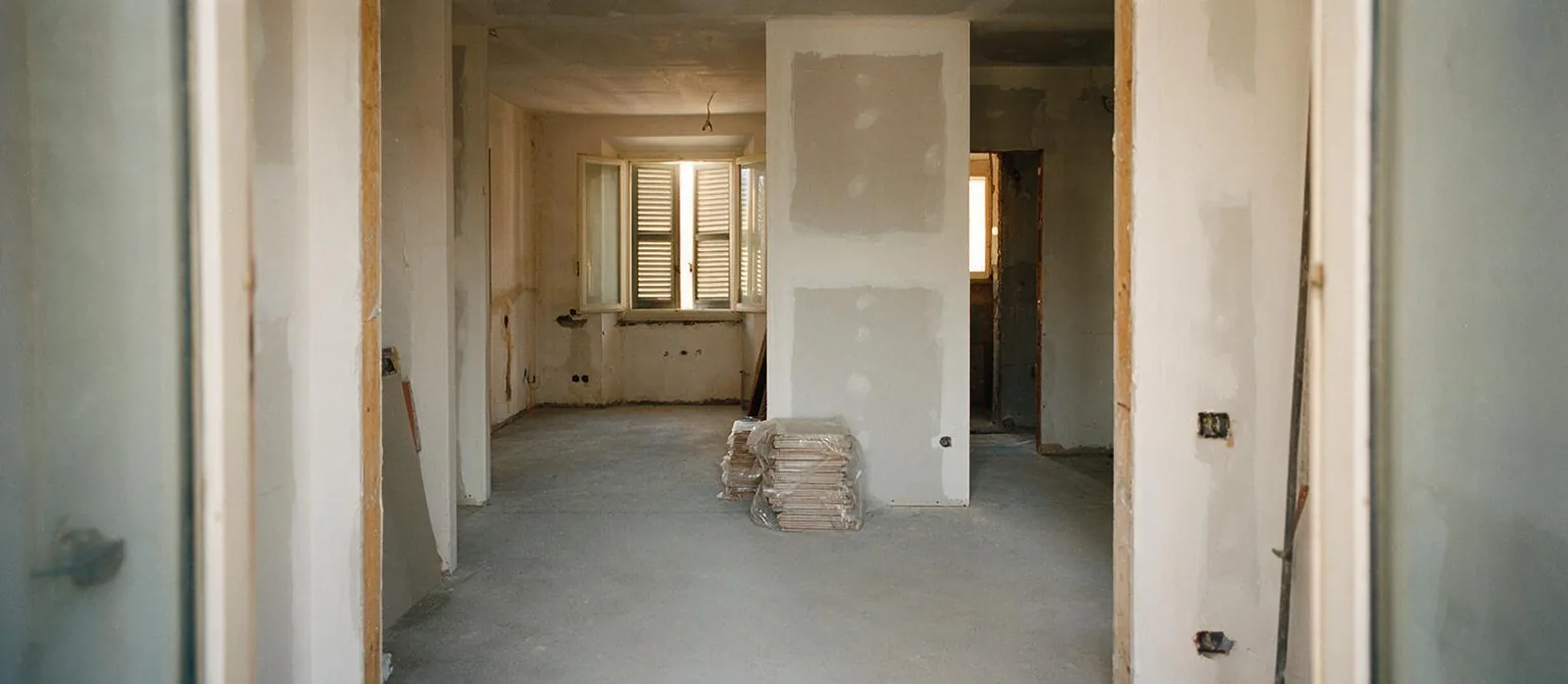 Un appartamento in cantiere visto dall'ingresso, con pareti in cartongesso appena montate e piastrelle impilate sotto un telo