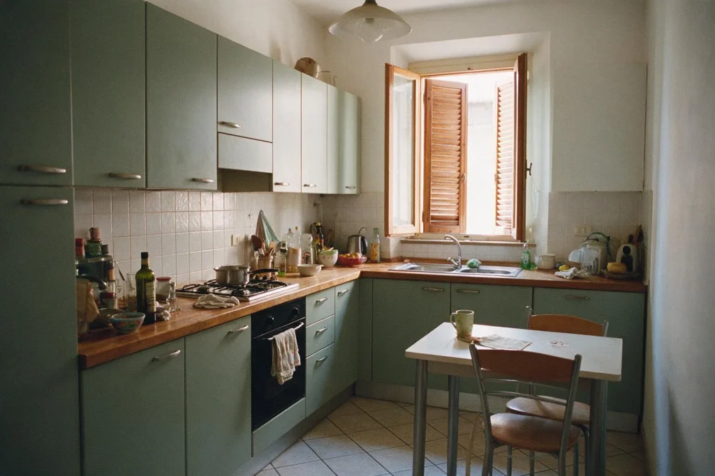 Una cucina ad angolo verde salvia con piano in legno, tavolino con due sedie e finestra con persiane