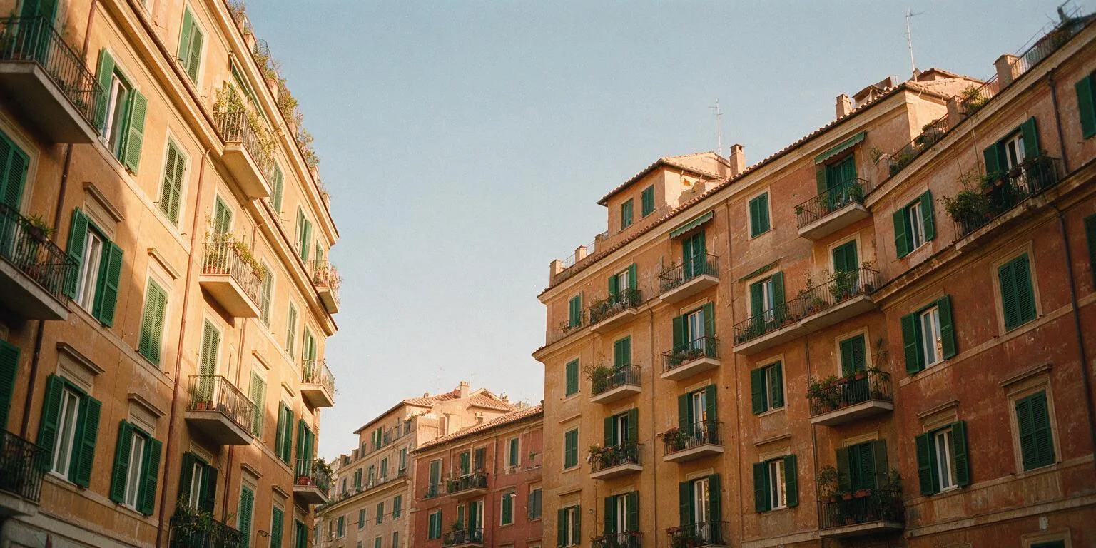 Facciate di palazzi romani color ocra e terracotta con persiane verdi e balconi fioriti