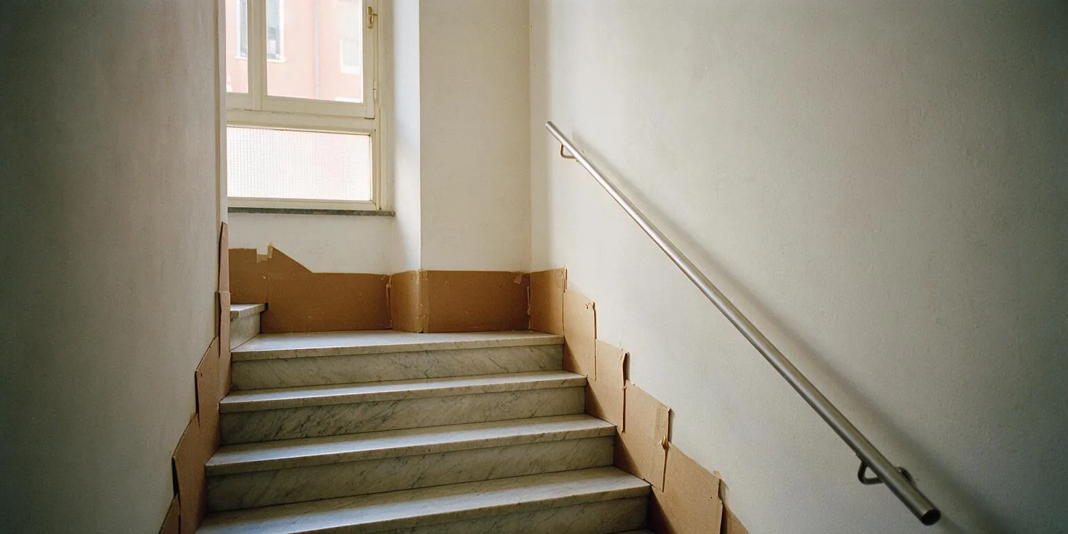 Scala di un condominio con gli scalini di marmo e le pareti protette da cartone durante i lavori