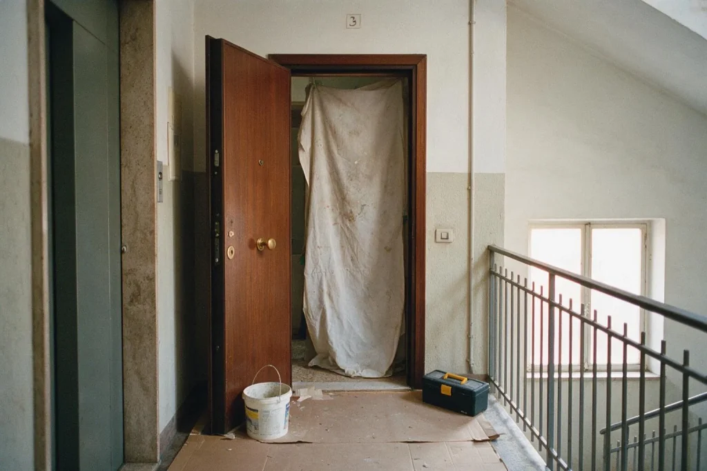 Il pianerottolo di un appartamento in lavori, con la porta aperta su un telo di protezione, un secchio e una cassetta degli attrezzi