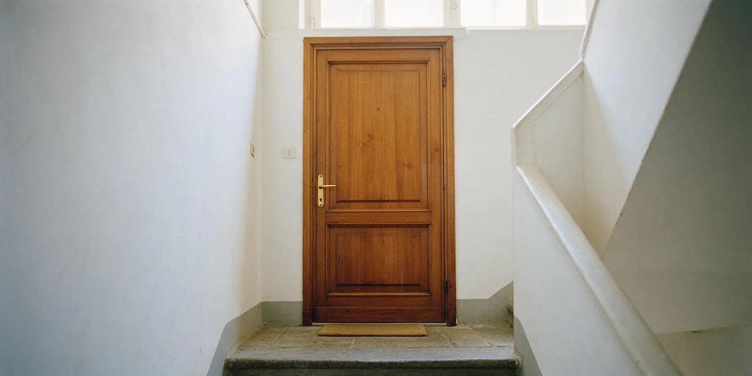 Porta in legno di un appartamento sul pianerottolo di una scala, con la maniglia in ottone