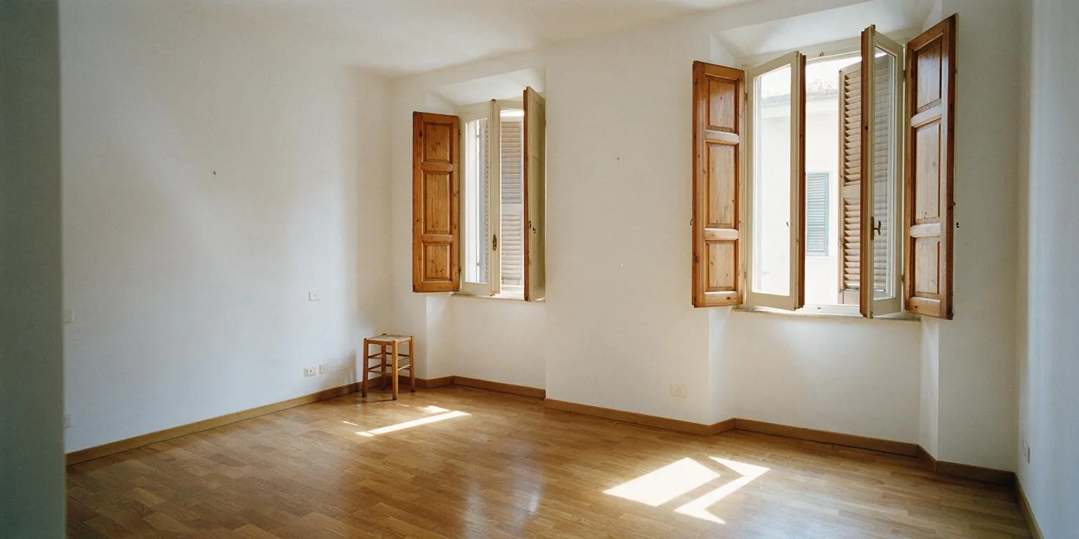 Soggiorno luminoso di un appartamento appena ristrutturato, con pareti bianche, parquet e finestre con persiane in legno aperte