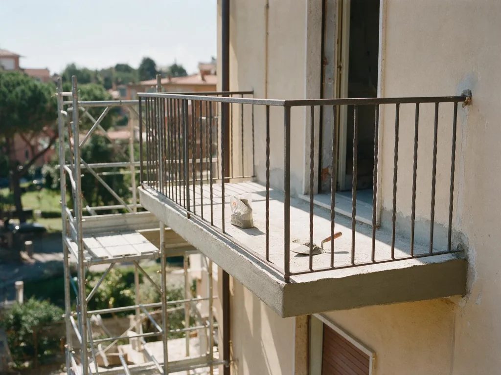 Un balcone con ringhiera in ferro durante il rifacimento: il bordo della soletta è stato riparato.