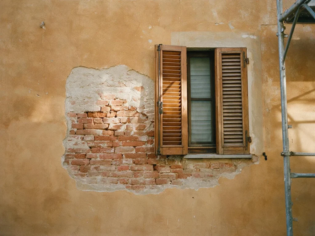 Un tratto di facciata dove l’intonaco vecchio è stato tolto e si vedono i mattoni, accanto a una finestra con persiane.