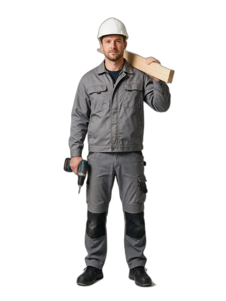 Un carpentiere con elmetto bianco, un trapano a batteria in mano e un'asse di legno sulla spalla