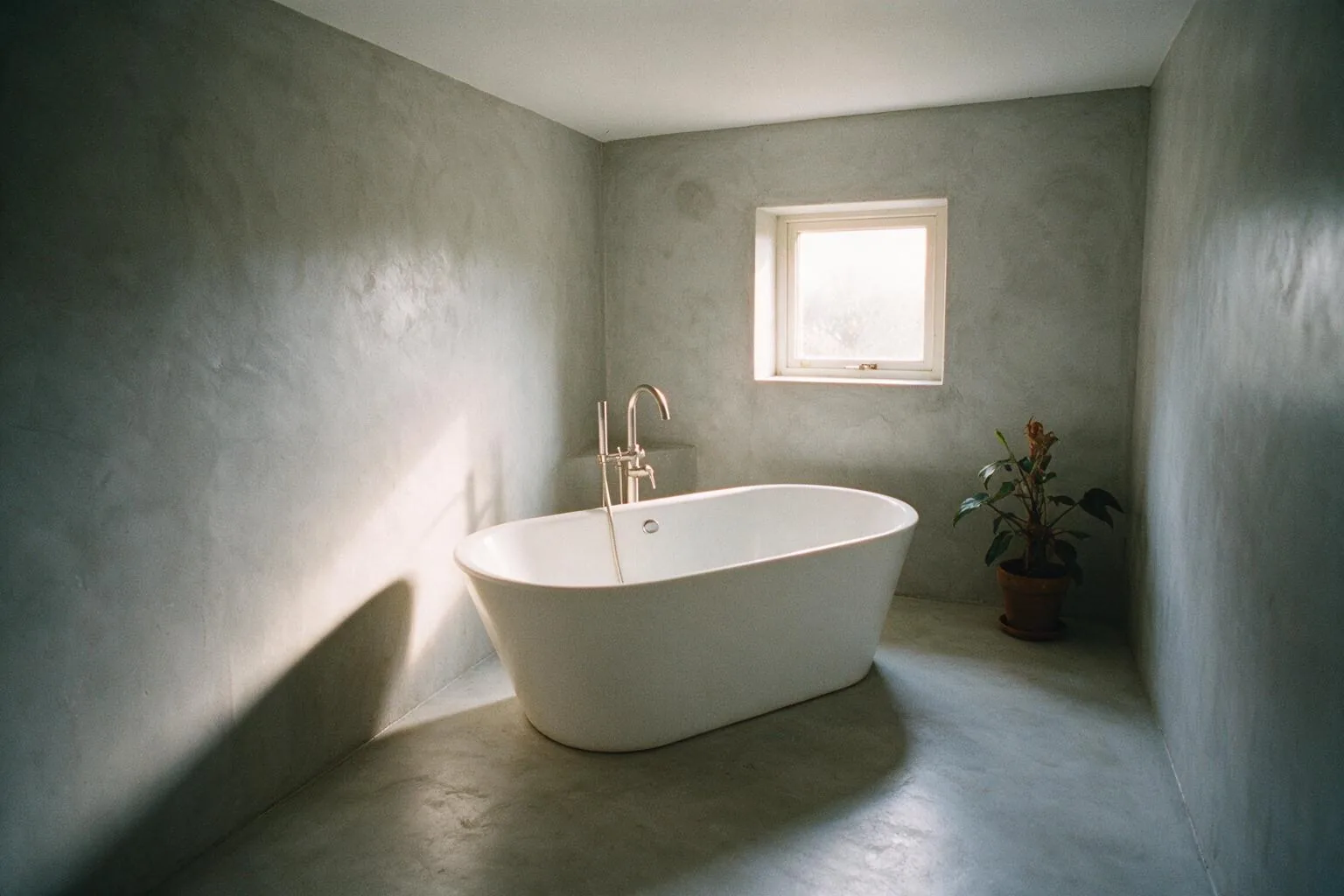Un bagno con pareti e pavimento in microcemento grigio, una vasca ovale libera e una pianta vicino alla finestra