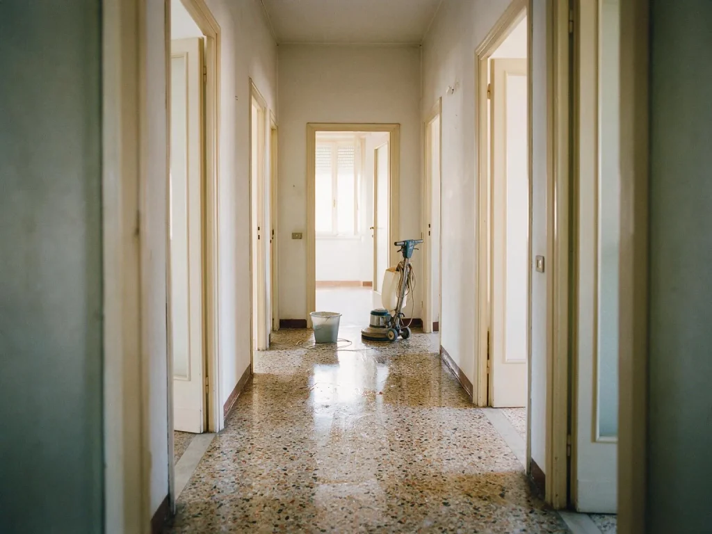 Il corridoio di un appartamento degli anni Sessanta con il pavimento originale alla veneziana in pulizia