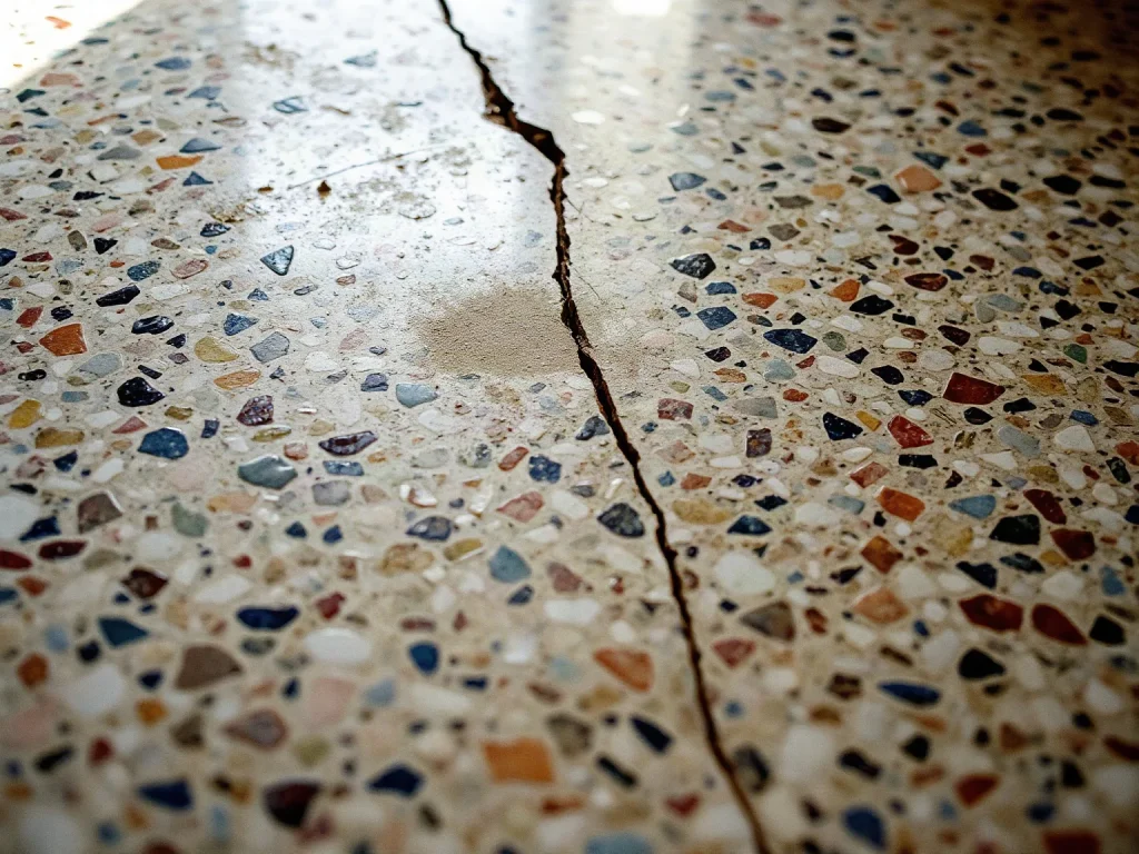 Un pavimento alla veneziana con le scaglie di marmo colorate e una crepa che lo attraversa