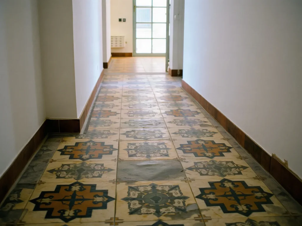 Un corridoio con le vecchie cementine decorate, alcune crepate