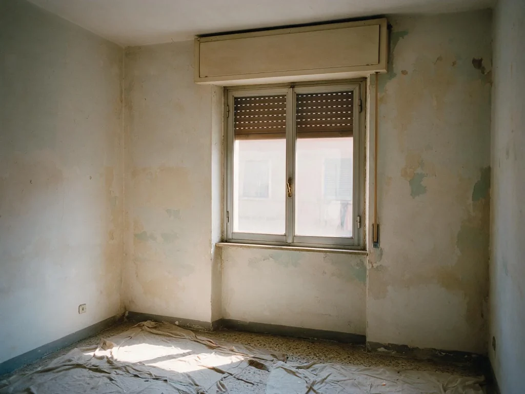 Una stanza di un appartamento degli anni Settanta con un vecchio infisso in alluminio e il cassonetto della tapparella