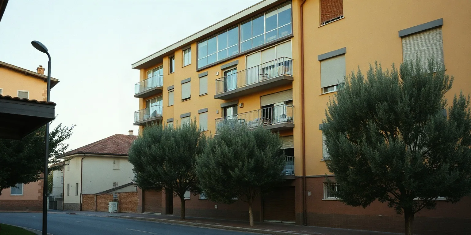 Una palazzina di cinque piani con la facciata ocra e i balconi continui, in una via alberata