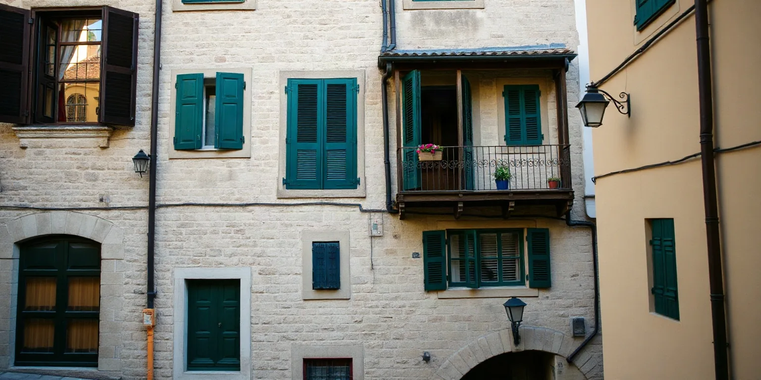 Una casa in pietra di tre piani nel centro storico di un paese, con le persiane verdi e i piccoli balconi in ferro