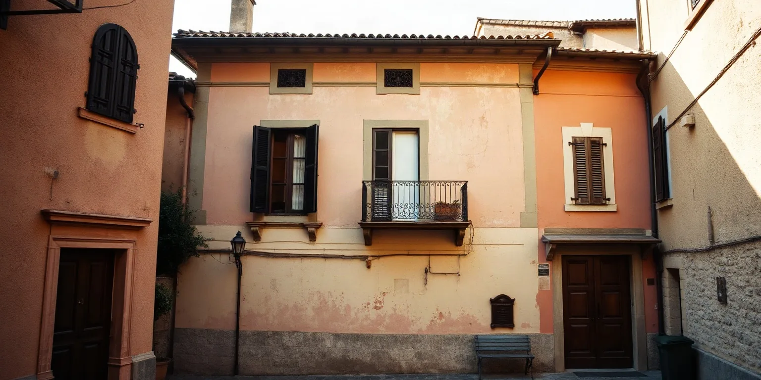 Una casa d’epoca con l’intonaco rosa sbiadito, le persiane in legno e un balcone in ferro battuto