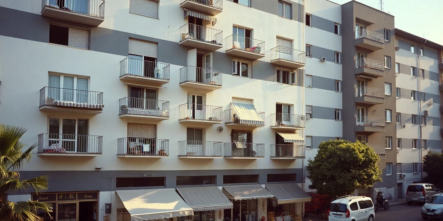 Un condominio degli anni Sessanta con la facciata bianca e grigia, i balconi in cemento e i negozi al piano terra
