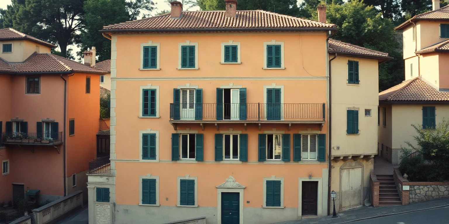 Una palazzina di quattro piani con l’intonaco arancio chiaro e le persiane verdi, tra i tetti in coppi