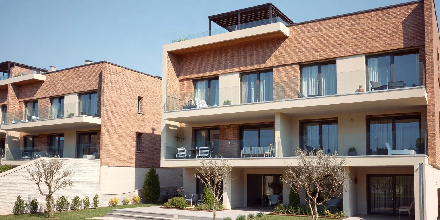 Un edificio residenziale recente con i terrazzi in vetro e i rivestimenti in mattoni