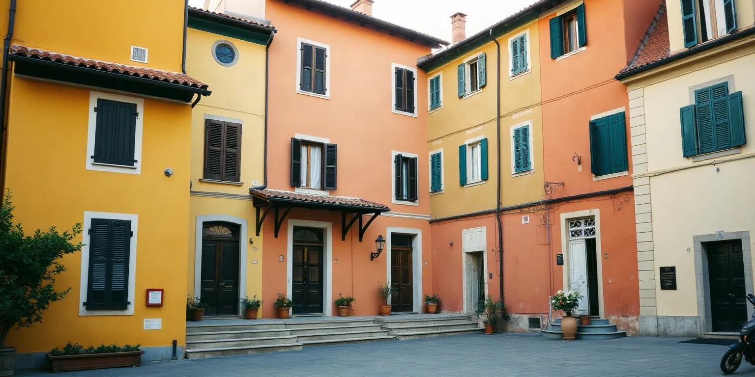 Case a schiera colorate in ocra, giallo e salmone, con le persiane in legno e i gradini d’ingresso
