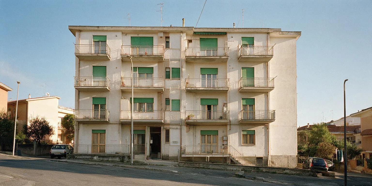 Una palazzina di quattro piani degli anni Sessanta con balconi in cemento, ringhiere in ferro e persiane verdi
