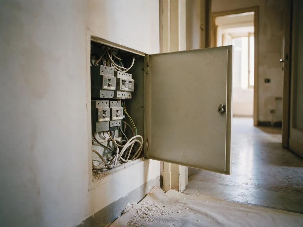 Il quadro elettrico incassato nel muro di un corridoio, con vecchi interruttori grigi e cavi liberi