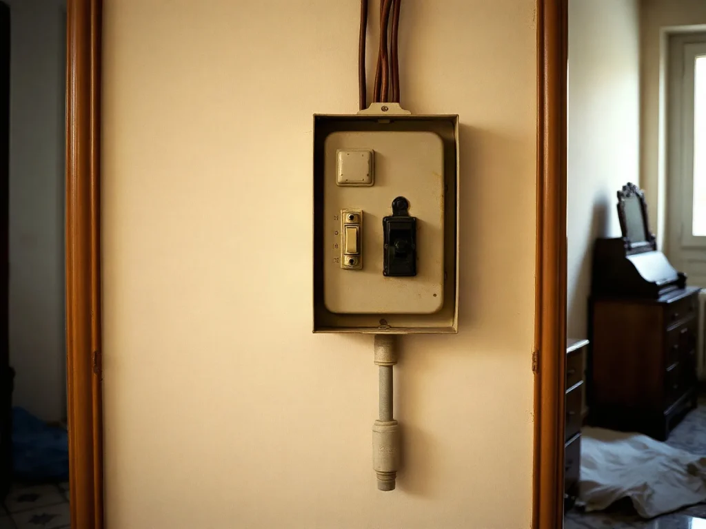 Un vecchio quadro elettrico con un interruttore in bachelite, montato sul muro di un corridoio