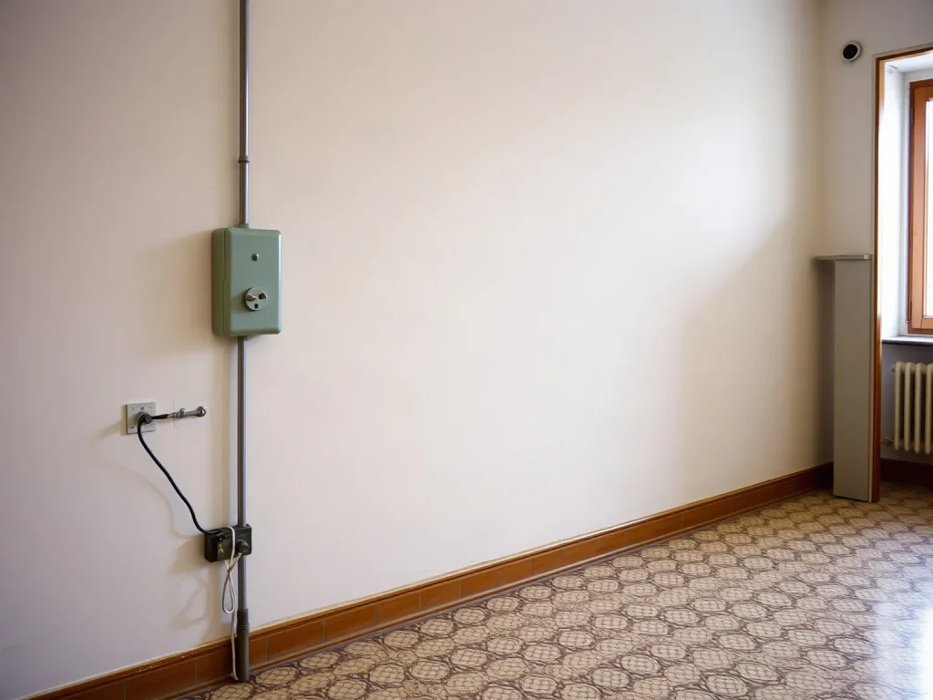 Una canalina elettrica esterna e una vecchia presa sul muro di un appartamento vuoto