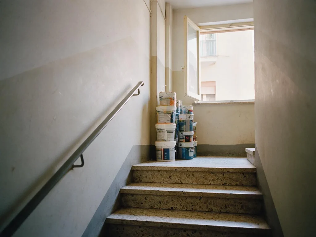 Una scala condominiale degli anni Sessanta con gradini in graniglia, corrimano in metallo e secchi di vernice sul pianerottolo