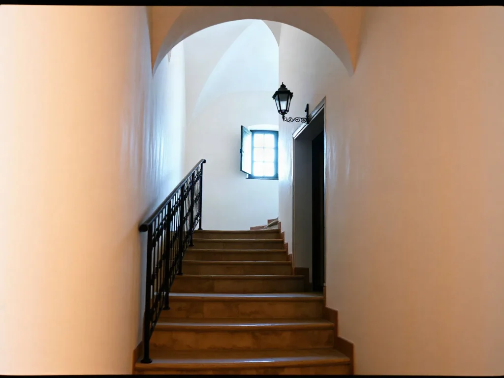 Una stretta scala in travertino sotto una volta bianca, in un edificio storico