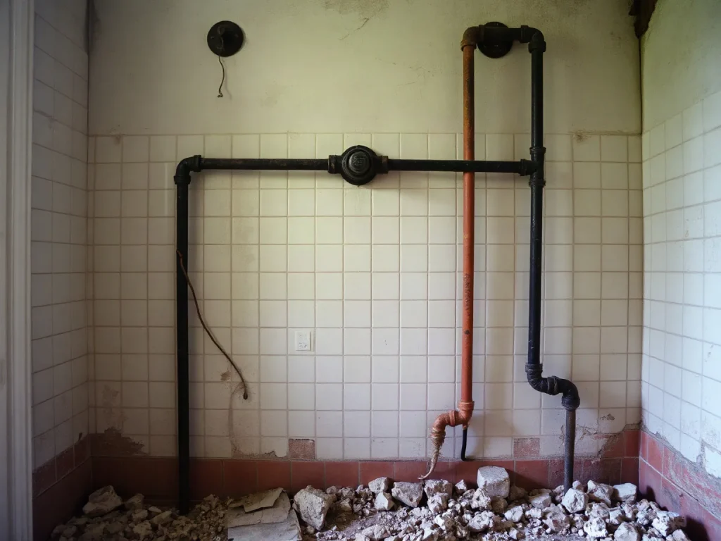 Una parete del bagno aperta durante i lavori, con i vecchi tubi in ferro e lo scarico in vista