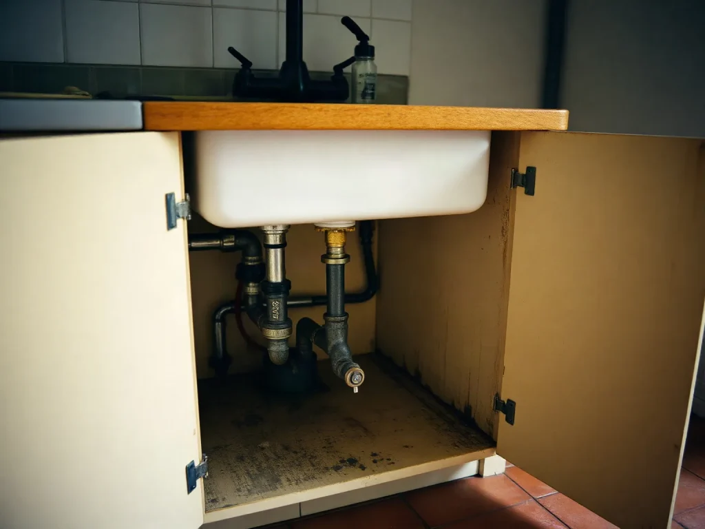 I tubi e le valvole sotto il lavello di una vecchia cucina, con il calcare sui raccordi