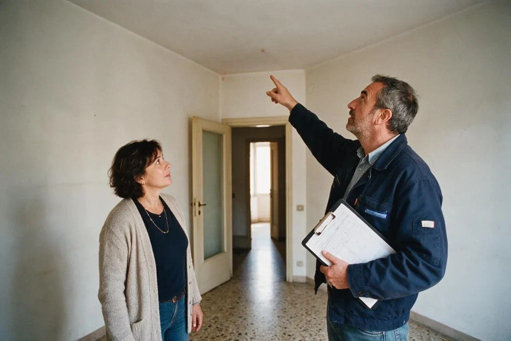Un tecnico con cartellina indica il soffitto a una proprietaria in un corridoio di appartamento da ristrutturare