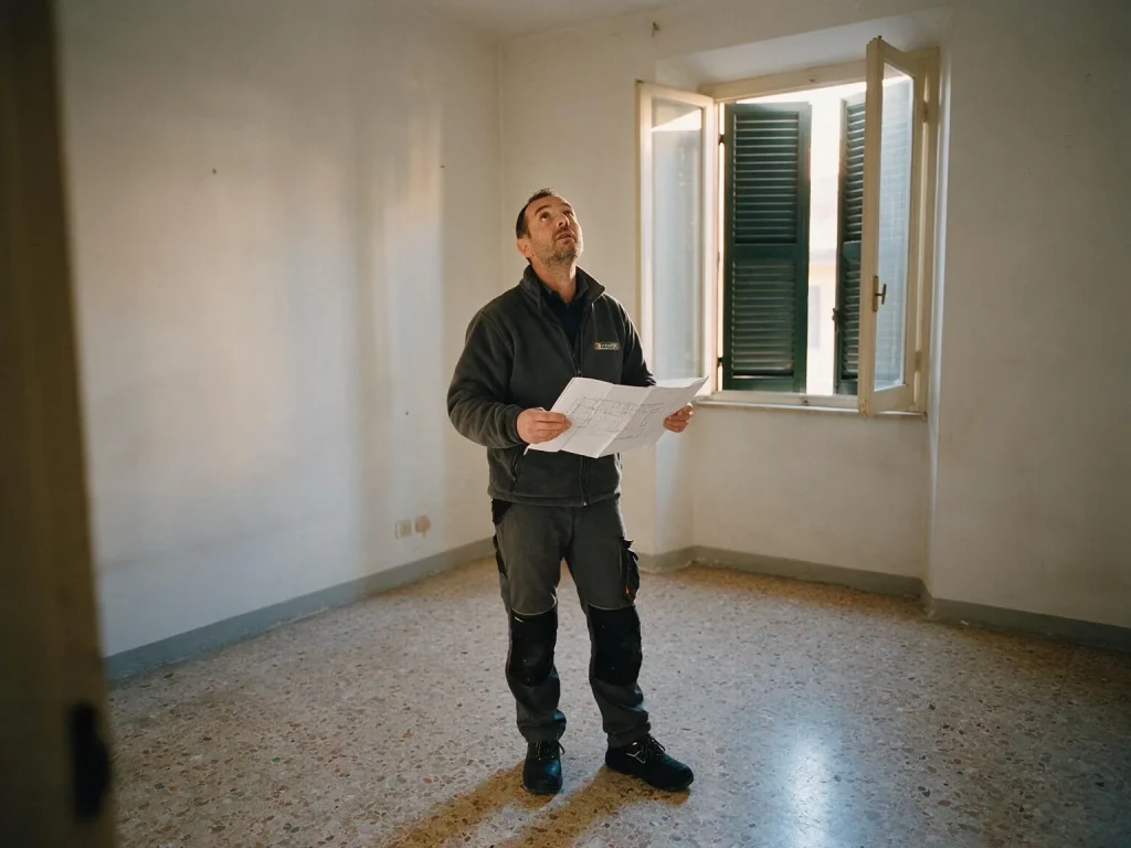 Un tecnico in una stanza vuota con la pianta dell'appartamento in mano guarda verso il soffitto