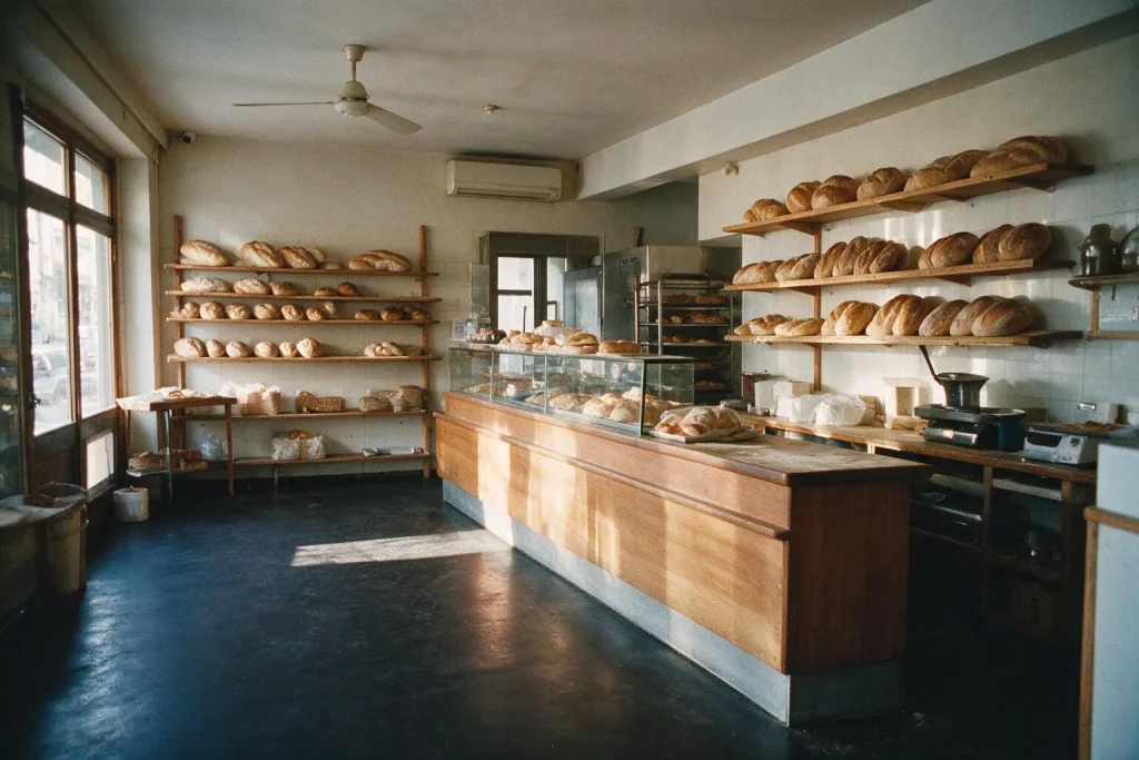 Un negozio di pane con pavimento continuo scuro, banco in legno e scaffali pieni di pagnotte