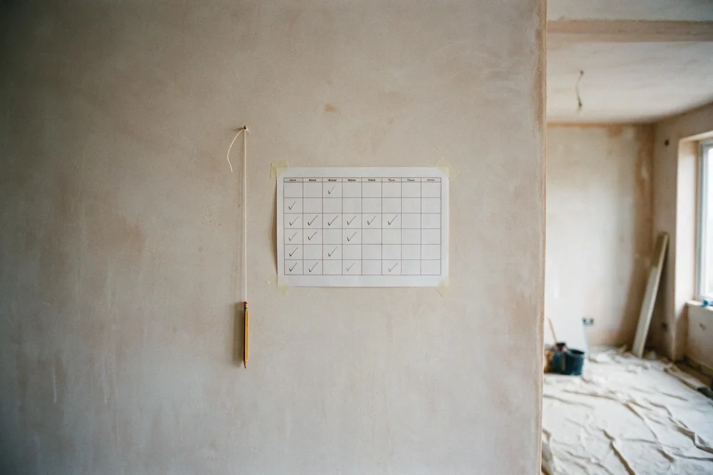 Un calendario stampato con una griglia di spunte appeso con il nastro a una parete intonacata, con una matita legata a un filo