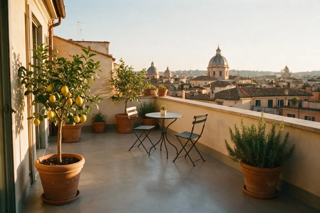 Un terrazzo con pavimento continuo, limoni e rosmarino in vasi di terracotta, tavolino con due sedie e le cupole della città sullo sfondo