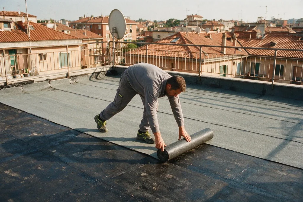 Un operaio svolge un rotolo di guaina su un terrazzo con vista sui tetti