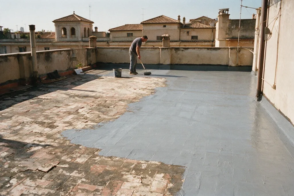 Un operaio stende una resina grigia con un rullo su un terrazzo di tetti romani, sulla metà già coperta del vecchio pavimento in cotto
