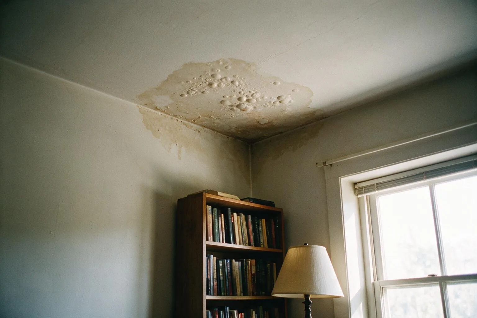 Un angolo di soffitto con una macchia di umidità e vernice che si gonfia sopra una libreria