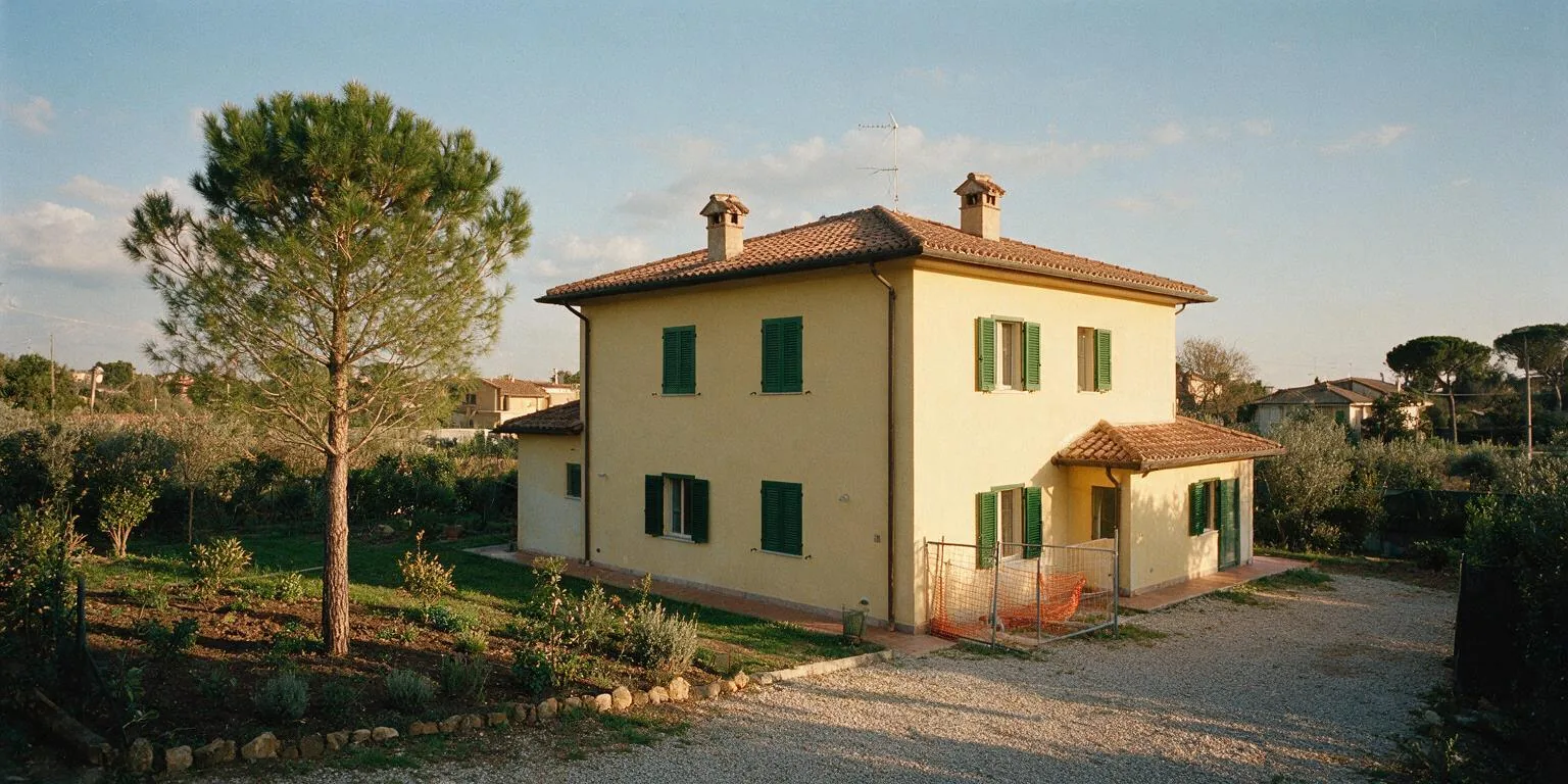 Una villa a due piani con intonaco giallo chiaro, tetto in coppi e persiane verdi, circondata da un giardino con un pino
