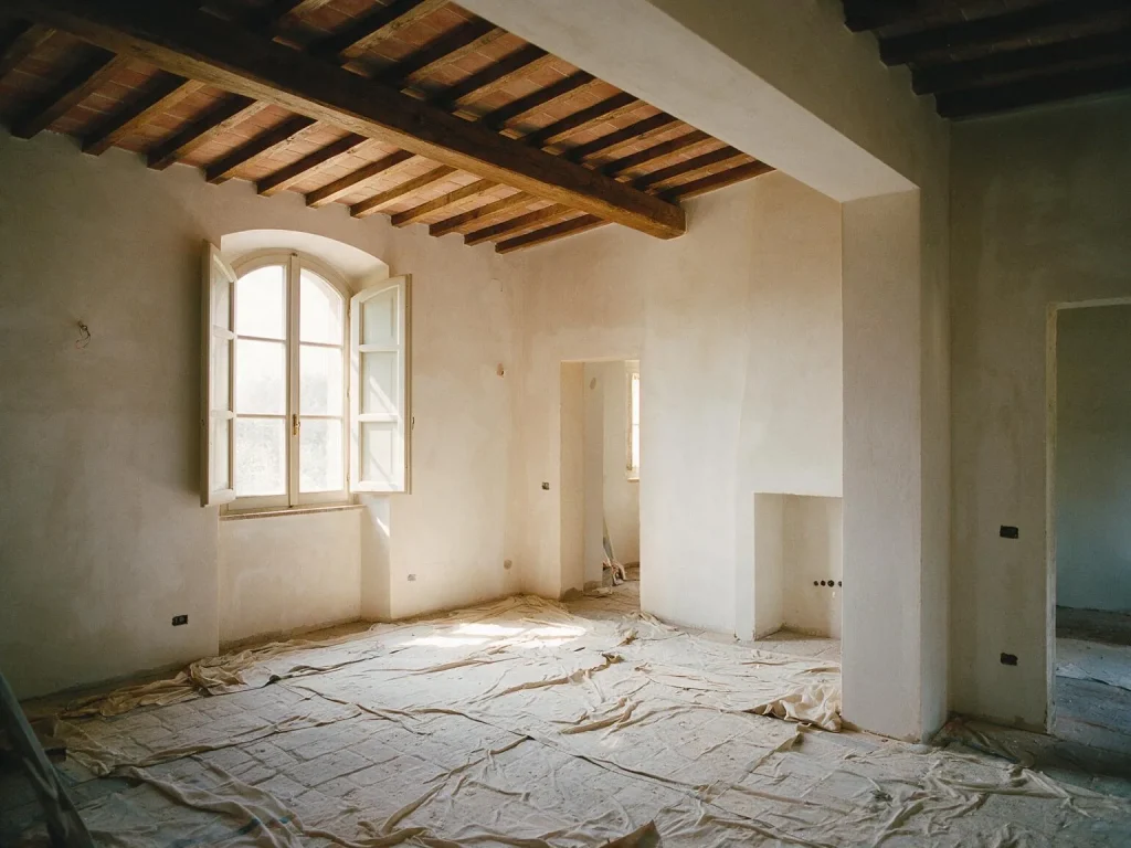 Il soggiorno di una villa in lavorazione, con travi di legno a vista e una finestra ad arco con le imposte aperte.